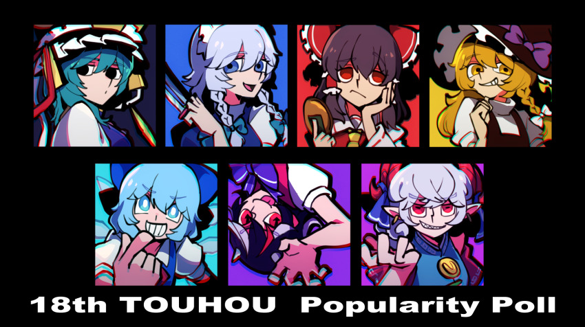 6+girls arrow_(symbol) ascot asymmetrical_hair black_eyes black_hair black_hat black_vest blonde_hair blue_bow blue_dress blue_eyes blue_hair blue_vest bow braid bright_pupils brown_eyes cirno closed_mouth coin collared_shirt curly_hair detached_sleeves dress earrings fairy_wings frilled_bow frilled_hair_tubes frilled_hat frills from_side frown furrowed_brow green_hair grey_hair grey_horns grin hair_between_eyes hair_bow hair_tubes hakurei_reimu hand_on_own_chin hat hat_bow head_on_hand highres holding holding_coin holding_knife holding_weapon horizontal_pupils horn_ornament horn_ribbon horns ice ice_wings iganashi1 izayoi_sakuya jewelry kijin_seija kirisame_marisa knife long_hair long_sleeves looking_at_viewer looking_to_the_side maid_headdress meandros medium_hair multicolored_hair multiple_girls neck_ribbon no_pupils open_mouth patterned_clothing pointing pointy_ears profile puffy_short_sleeves puffy_sleeves purple_bow raised_eyebrow reaching reaching_towards_viewer rectangular_pupils red_bow red_eyes red_hair red_horns red_ribbon red_shirt red_sleeves red_vest ribbon rod_of_remorse sharp_teeth sheep_horns shiki_eiki shirt short_hair short_sleeves side_braid sidelocks single_braid sleeveless sleeveless_shirt small_horns smile smirk streaked_hair symbol-shaped_pupils teeth tongue tongue_out touhou toutetsu_yuuma turtleneck twin_braids upside-down vest weapon white_bow white_hair white_pupils white_shirt wings witch_hat yellow_ascot yellow_eyes
