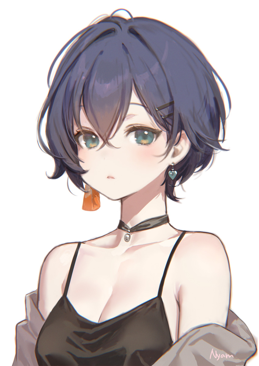 1girl adelie_cat bare_shoulders belle_(zenless_zone_zero) black_choker black_dress blue_hair breasts choker cleavage crossed_bangs double-parted_bangs dress earrings green_eyes grey_shawl hair_between_eyes hair_ornament hairclip heart heart_earrings highres jewelry light_blush looking_at_viewer medium_breasts mismatched_earrings parted_lips portrait shawl short_hair solo spaghetti_strap zenless_zone_zero