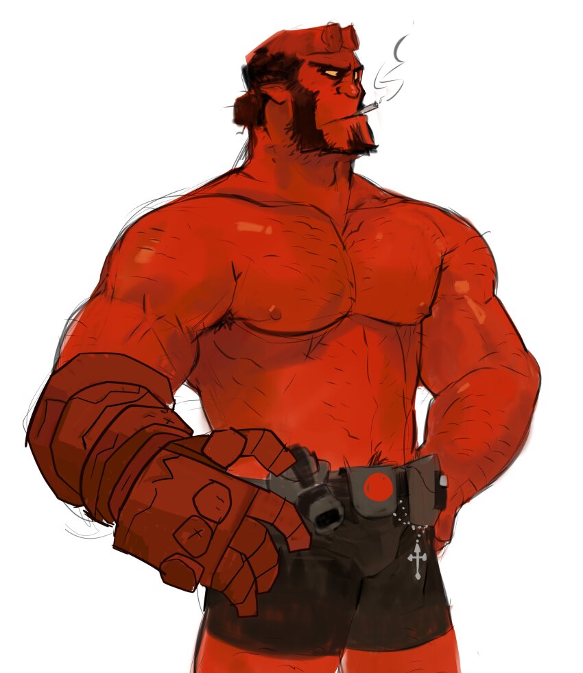 1boy absurdres bara beard belt broad_shoulders chinstrap_beard cigar colored_sclera colored_skin connected_beard demon_boy demon_horns hands_on_own_hips hellboy hellboy_(comic) highres holster horns macholobo male_focus nipples pectorals red_skin shorts simple_background smoking solo thigh_holster white_background yellow_sclera