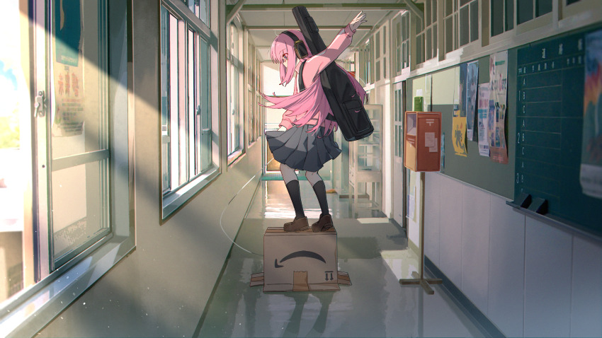 1girl balancing black_shoes black_skirt black_socks blue_eyes bocchi_the_rock! box can cardboard_box cardigan commentary dancing english_commentary floating_hair gotoh_hitori guitar guitar_case hallway headphones highres holding holding_can instrument instrument_case jl_tan loafers long_hair long_sleeves on_box pink_cardigan pleated_skirt reflective_floor school shirt shoes simple_background skirt socks solo standing_on_object sunlight toe vanishing_point window