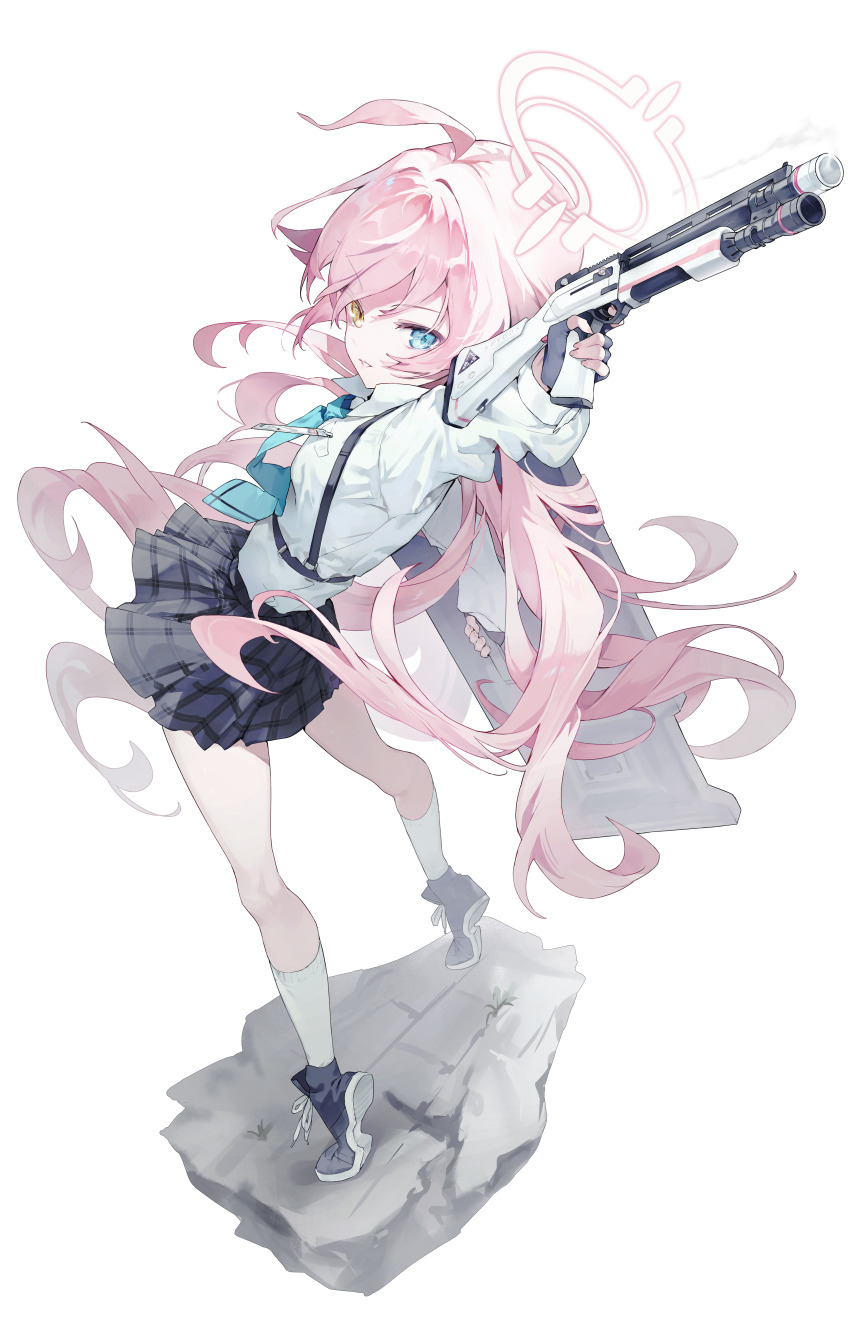 1girl absurdres ahoge aqua_necktie beretta_1301 black_gloves black_skirt blue_archive chest_harness fingerless_gloves floating_hair full_body gloves gun halo harness heterochromia highres holding holding_gun holding_shield holding_weapon hoshino_(blue_archive) long_hair looking_at_viewer meunhongcha necktie pink_hair plaid_clothes plaid_skirt pleated_skirt shield shirt shotgun skirt solo very_long_hair weapon white_shirt