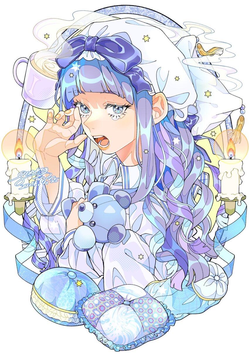1girl blue_eyes blunt_bangs bonnet bow candle candlestand cup eyelashes fingernails fire highres lips long_hair looking_at_viewer nail_polish open_mouth orange_nails original pillow ponko517 purple_bow purple_hair solo star_(symbol) steam stuffed_animal stuffed_toy teddy_bear teeth tongue white_background yawning