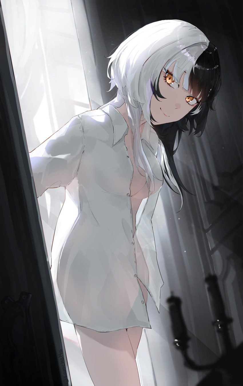 1girl absurdres backlighting bottomless breasts buttons candle candlestand closed_mouth dress_shirt dutch_angle highres hololive hololive_english indoors kurochanai leaning_forward long_hair looking_at_viewer medium_breasts multicolored_hair naked_shirt no_bra open_clothes open_shirt orange_eyes partially_unbuttoned see-through_clothes see-through_shirt see-through_silhouette shiori_novella shirt smile solo split-color_hair standing two-tone_hair virtual_youtuber white_shirt