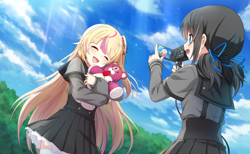 2girls ^_^ artist_request ashley_taylor black_hair black_ribbon black_skirt blonde_hair blue_eyes blue_ribbon blue_sky bone_hair_ornament cable camera chiaki_riko closed_eyes cloud cowboy_shot day dutch_angle eyelashes frilled_skirt frills game_cg grey_shirt hair_ornament hair_ribbon hairclip happy high-waist_skirt highres holding holding_camera holding_stuffed_toy hugging_object kosho_academy_school_uniform layered_sleeves light_blush light_rays long_hair long_sleeves looking_at_another loose_hair_strand low_twintails magia_record:_mahou_shoujo_madoka_magica_gaiden mahou_shoujo_madoka_magica mahou_shoujo_madoka_magica_magia_exedra miniskirt multicolored_hair multiple_girls official_art one_side_up open_mouth outdoors pink_hair pointy_nose recording ribbon school_uniform shirt short_over_long_sleeves short_sleeves short_twintails skirt sky smile streaked_hair stuffed_animal stuffed_toy stuffing sunlight suspender_skirt suspenders tareme teddy_bear thighhighs tree twintails very_long_hair white_thighhighs