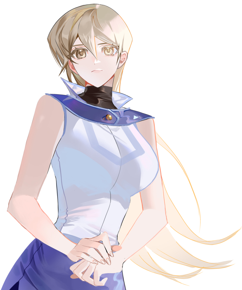 1girl bare_shoulders blonde_hair blue_skirt breasts brown_hair cowboy_shot cropped_jacket duel_academy_uniform_(yu-gi-oh!_gx) highres jacket large_breasts long_hair nly_yyy simple_background skirt solo tenjouin_asuka white_background white_jacket yu-gi-oh! yu-gi-oh!_gx