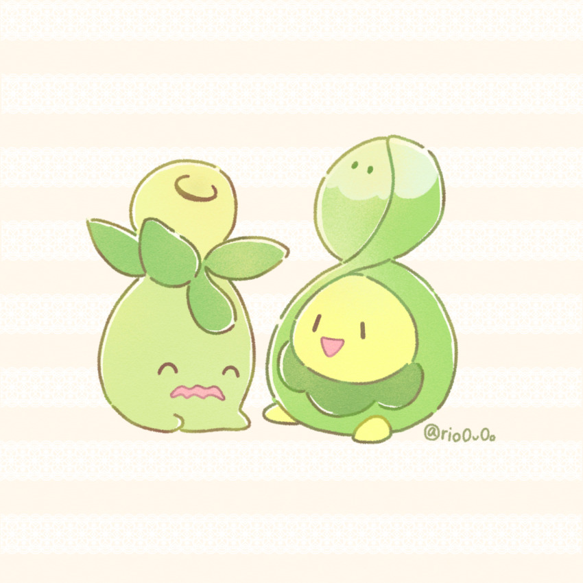 black_eyes budew closed_eyes commentary_request full_body gen_4_pokemon highres looking_at_another nintendo no_humans open_mouth pink_background pokemon pokemon_(creature) rio_(rio0v0o) sitting smoliv twitter_username wavy_mouth