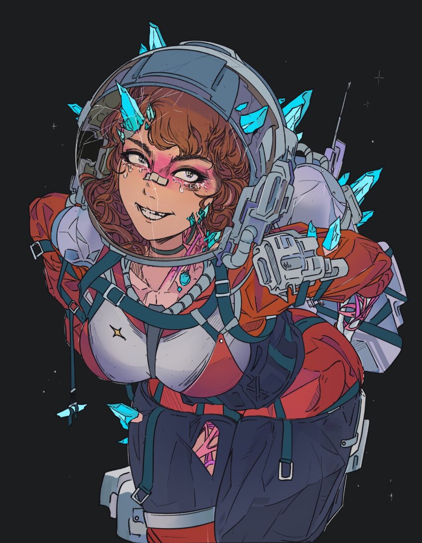 1girl arms_behind_back backpack bag bandaid bandaid_on_face bandaid_on_nose black_background black_choker blush breasts broken_helmet brown_hair choker collarbone commentary cowboy_shot cross-shaped_pupils crystal elliemaplefox english_commentary grey_bag grey_eyes helmet highres large_breasts leaning_forward looking_at_viewer medium_hair missing_tooth original pants parted_lips simple_background smile solo space_helmet spacesuit star_(sky) symbol-shaped_pupils tears torn_clothes torn_pants