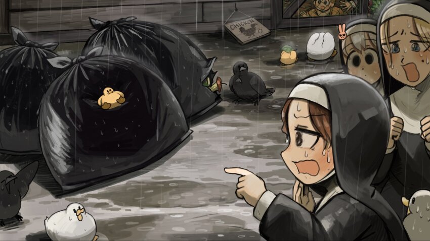 4girls aged_down angry apple apple_core baby_animal bird black_eyes blonde_hair blue_eyes brown_eyes brown_hair bunny_nun_(diva) chicken clumsy_nun_(diva) crow diva_(hyxpk) duck duckling food fruit grey_hair hair_ornament highres hungry_nun_(diva) little_nuns_(diva) mole mole_on_cheek multiple_girls nervous_sweating nun pointing rabbit_hair_ornament rain strict_nun_(diva) sweat traditional_nun trash_bag wet wet_clothes wet_hair worried