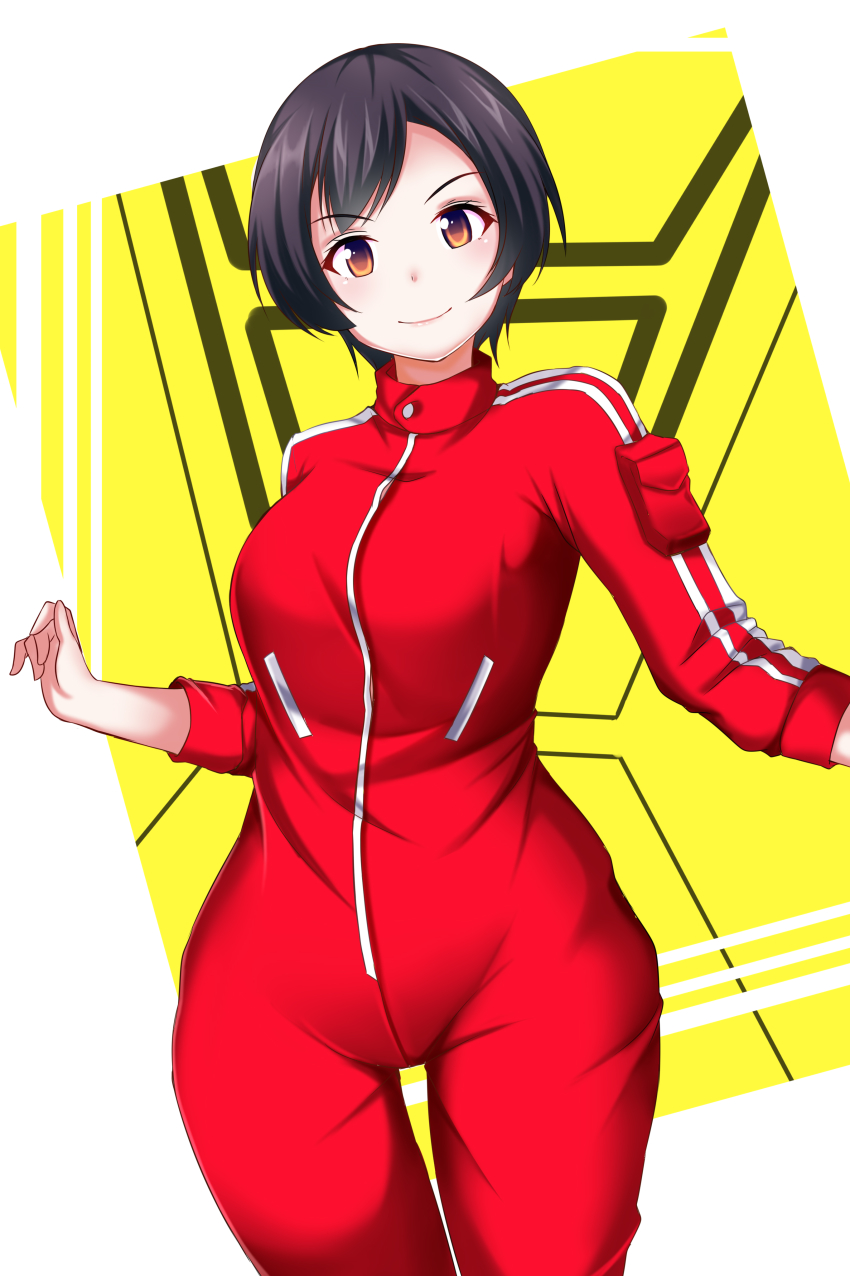 1girl absurdres animification black_hair bodysuit breasts brown_eyes commission gekisou_sentai_carranger highres long_sleeves looking_at_viewer medium_breasts pandacross pixiv_commission pouch red_bodysuit shinohara_natsumi short_hair smile solo standing super_sentai yellow_background