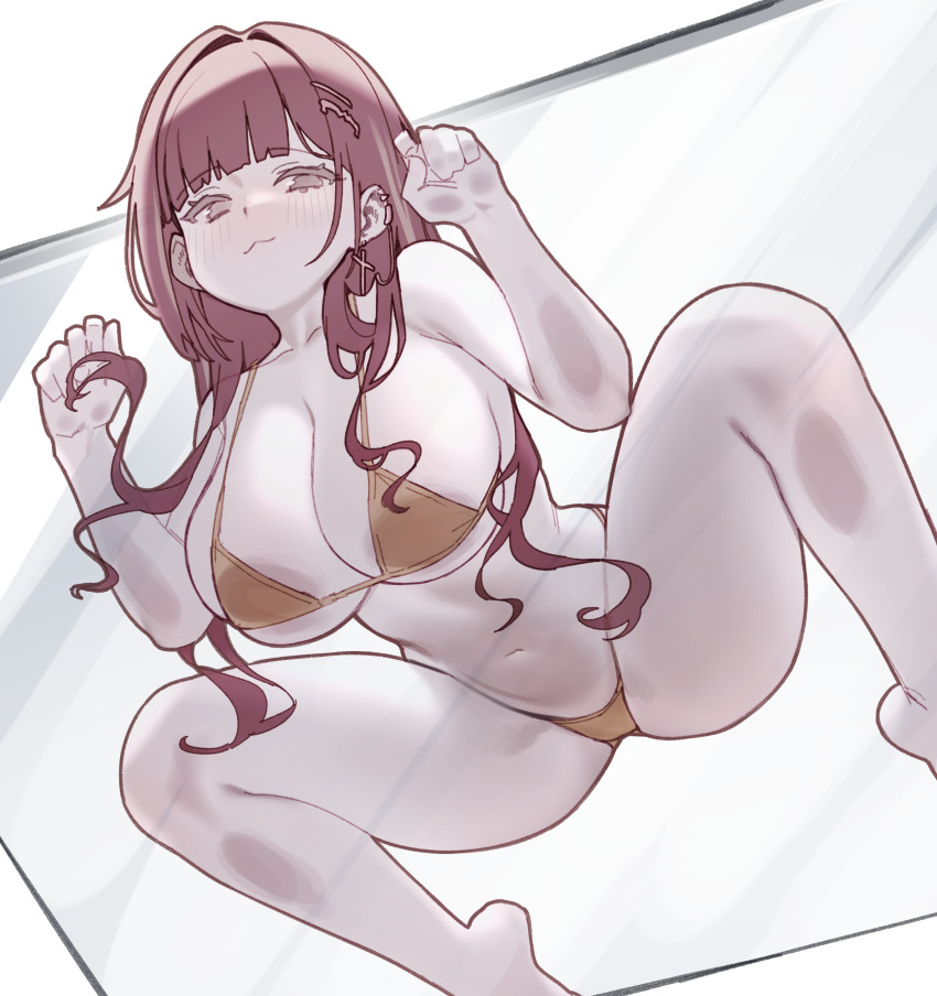 1girl :3 absurdres akane_lize armpit_crease bare_arms bare_legs bare_shoulders barefoot bikini breasts brown_eyes cleavage closed_mouth gold_bikini hair_ornament hairclip hands_up highres large_breasts long_hair looking_at_viewer navel red_hair sangobob smile solo stellive stomach string_bikini swimsuit thighs virtual_youtuber