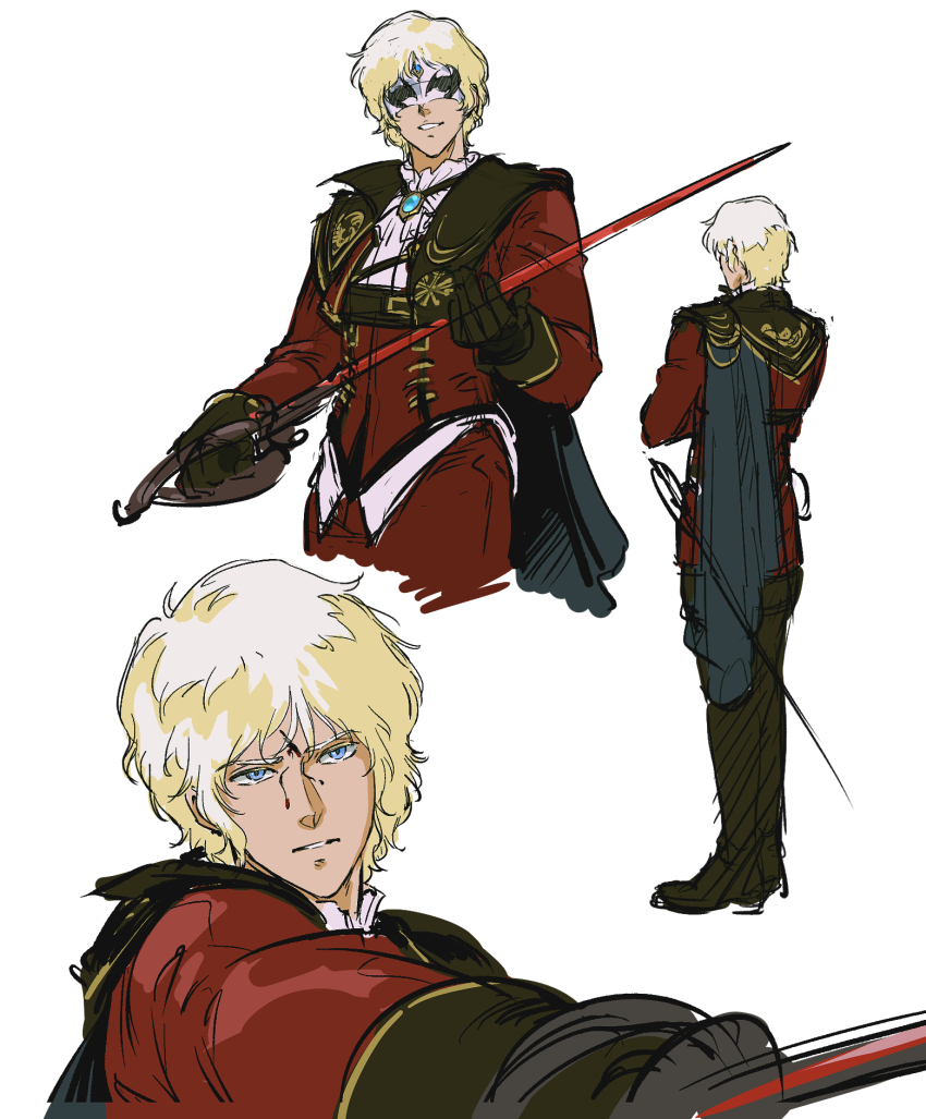 1boy blonde_hair blood blood_on_face blue_eyes cape char_aznable commentary_request cosplay eye_mask final_fantasy final_fantasy_xiv gundam hebi86070749 highres holding holding_sword holding_weapon long_sleeves male_focus mobile_suit_gundam multiple_views open_mouth pants red_mage_(final_fantasy) red_mage_(final_fantasy)_(cosplay) shirt shoes short_hair simple_background smile solo_focus sword weapon white_background