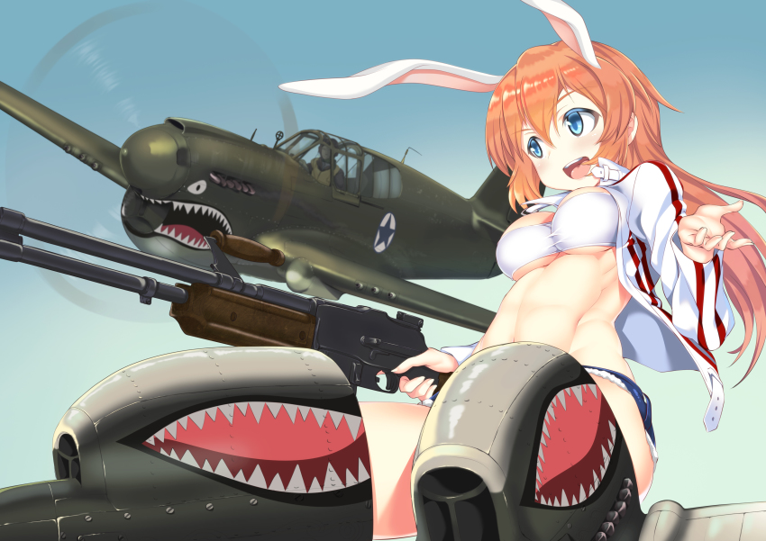 1girl 1other a9b_(louis814) absurdres afterimage aircraft airplane animal_ears bandeau blue_eyes blue_shorts blue_sky charlotte_e._yeager clear_sky commentary cutoffs denim denim_shorts double_vertical_stripe escort_fighter flying gun highres holding holding_gun holding_weapon jacket light_machine_gun long_hair long_sleeves looking_at_another m1918_bar machine_gun medium_hair military military_vehicle nose_art open_clothes open_jacket open_mouth orange_hair p-51_mustang propeller_fighter rabbit_ears rabbit_girl roundel shark_nose_art shark_print shorts sky smile strike_witches striker_unit submachine_gun thompson_submachine_gun trigger_discipline vehicle_focus weapon white_jacket world_witches_series