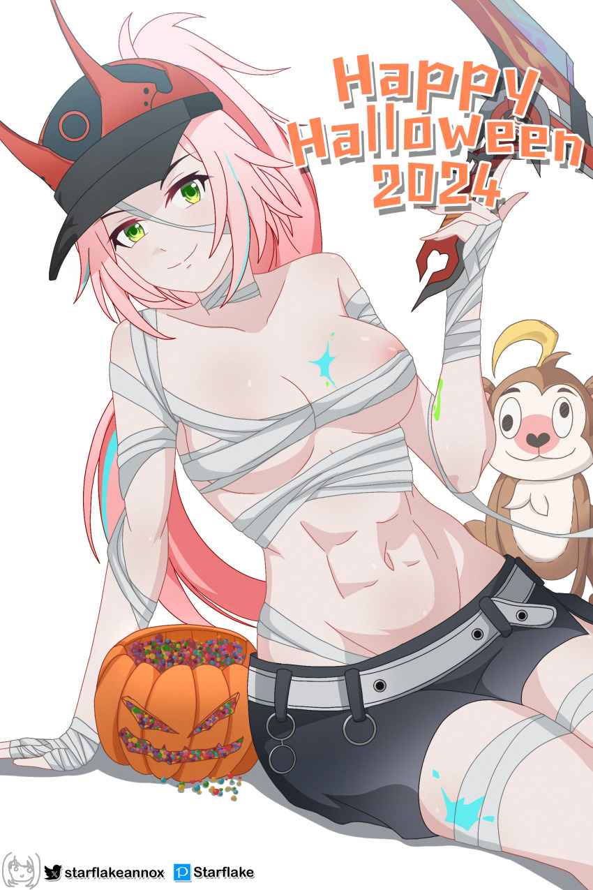 1girl 2024 absurdres areola_slip bandaged_arm bandaged_chest bandaged_head bandaged_leg bandaged_neck bandages baseball_cap black_shorts breasts candy commentary english_commentary food green_eyes halloween halloween_bucket happy_halloween hat highres holding holding_weapon honkai:_star_rail honkai_(series) horned_hat large_breasts long_hair looking_at_viewer monkey navel nipple_slip nipples paint_on_body pink_hair ponytail rappa_(honkai:_star_rail) short_shorts shorts simple_background solo starflake_(starclusteriu) stomach toned toned_female weapon white_background