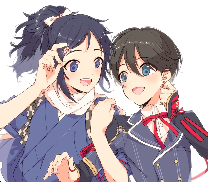 10s 2boys black_hair casual earrings hair_ornament hairclip horikawa_kunihiro jewelry katsugeki/touken_ranbu locked_arms male_focus military military_uniform mole mole_under_eye multiple_boys ponytail simple_background smile stud_earrings touken_ranbu touken_ranbu:_hanamaru white_background yamato-no-kami_yasusada