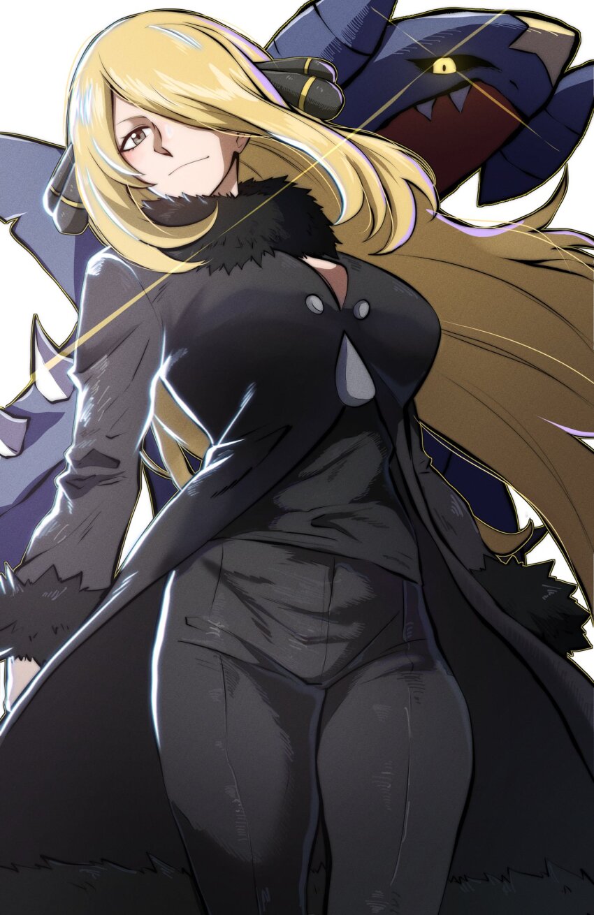 1girl black_coat blonde_hair breasts closed_mouth coat cynthia_(pokemon) fur-trimmed_coat fur-trimmed_sleeves fur_collar fur_trim garchomp gen_4_pokemon grey_eyes hair_ornament hair_over_one_eye highres large_breasts long_hair long_sleeves looking_at_viewer navel nintendo pokemon pokemon_(creature) pokemon_dppt simple_background solo thatamaan very_long_hair