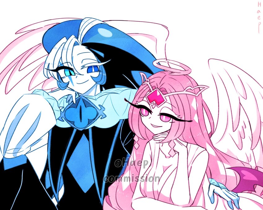 1boy 1girl angel angel_wings blue_eyes cookie_run cookie_run:_kingdom dress eternal_sugar_cookie haep0510 halo highres humanization long_hair long_sleeves looking_at_viewer neck_ruff pink_eyes pink_hair puffy_long_sleeves puffy_sleeves shadow_milk_cookie simple_background smile very_long_hair white_dress white_hair wings