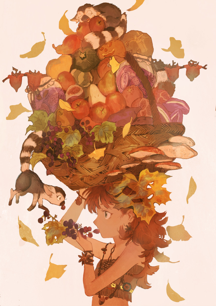 1girl absurdres animal apple arm_up autumn_leaves bare_arms bare_shoulders basket brown_background brown_hair buchi_(qooo003) closed_eyes commentary_request eating eyebrows_hidden_by_hair female_focus fig food food_request fruit ginkgo_leaf ginkgo_tree grapes grey_eyes hair_between_eyes hand_up highres holding holding_food holding_fruit jack-o&#039;-lantern jar leaf lemon lemon_slice lemur long_hair looking_away mushroom on_head original pear profile pumpkin solo strapless striped_tail sweet_potato tail