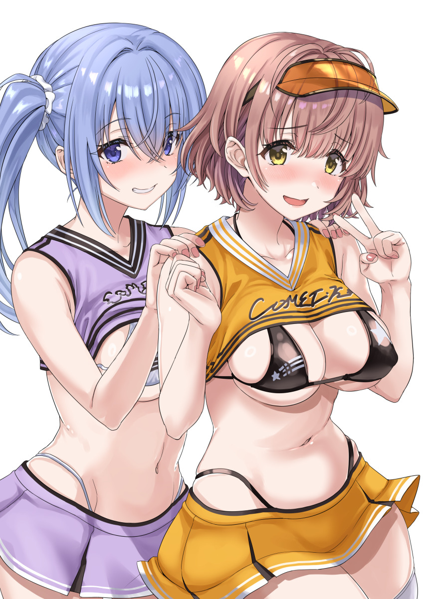 2girls absurdres alternate_breast_size_(larger) bare_shoulders bikini blue_hair blush breasts brown_hair cheerleader crop_top crop_top_overhang embarrassed high-waist_panties highres idolmaster idolmaster_shiny_colors ikuta_haruki large_breasts looking_at_viewer medium_hair micro_bikini midriff miniskirt multiple_girls navel nose_blush one_side_up pleated_skirt sengoku_aky shirt short_hair side_ponytail simple_background skirt sleeveless sleeveless_shirt smile stomach suzuki_hana swimsuit v visor_cap white_background white_bikini