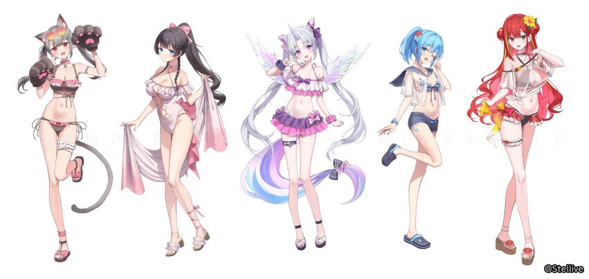 5girls absurdres akane_lize animal_ear_fluff animal_ears arahashi_tabi ayatsuno_yuni bare_shoulders bikini black_gloves black_hair black_sailor_collar blonde_hair blue_eyes blue_hair cat_ears cat_girl cat_tail closed_mouth clothing_cutout crocs extra_ears frilled_thigh_strap full_body gloves grey_eyes grey_hair highres horns long_hair looking_at_viewer multicolored_hair multicolored_tail multiple_girls navel navel_cutout neneko_mashiro official_art one-piece_swimsuit open_mouth paw_pose ponytail rangu red_hair sailor_collar sandals shirayuki_hina simple_background single_horn smile standing standing_on_one_leg stellive stomach streaked_hair swimsuit tail thigh_strap unicorn_girl unicorn_horn virtual_youtuber white_background wings