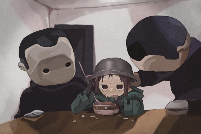 1girl 2others black_eyes black_hair blank_room_soup bowl chito_(shoujo_shuumatsu_ryokou) combat_helmet drooling green_jacket hand_on_table helmet highres holding holding_spoon indoors jacket jitome mascot_costume meme multiple_others naaga_sonomono open_mouth rayray shoujo_shuumatsu_ryokou spoon sweat table