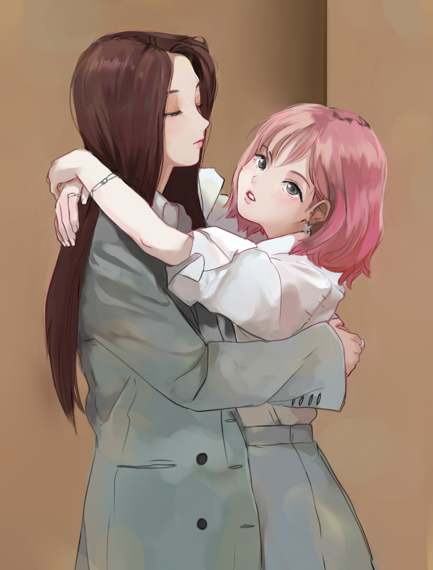 12_07sh 2girls absurdres bracelet brown_eyeshadow brown_hair earrings eunha_(gfriend) gfriend grey_jacket grey_skirt highres hug jacket jewelry k-pop long_hair multiple_girls parted_lips pink_hair real_life ring shirt short_hair skirt sowon_(gfriend) white_shirt