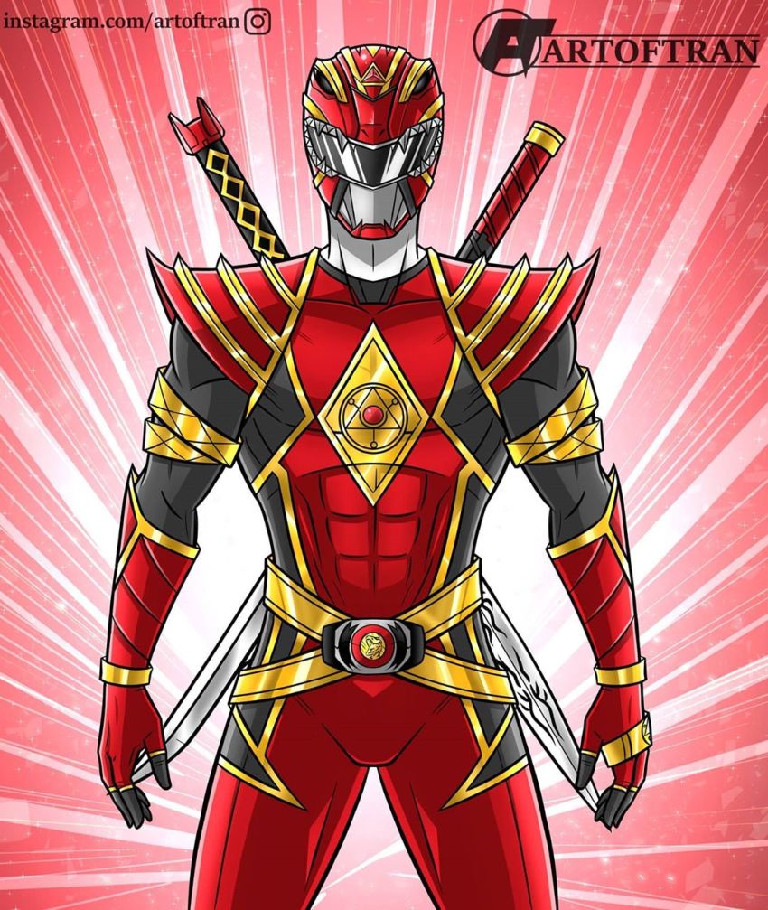 1boy armor artist_name artoftran belt belt_buckle bodysuit buckle dino_buckler helmet highres holding holding_behind_back holding_sword holding_sword_behind_back holding_weapon holding_weapon_behind_back instagram_username mighty_morphin_power_rangers mighty_morphin_red_ranger omega_red_ranger power_rangers power_rangers_(boom!_studios) red_background red_bodysuit red_helmet rocky_desantos saban_entertainment shoulder_armor signature sword tyranno_ranger watermark weapon weapon_on_back web_address