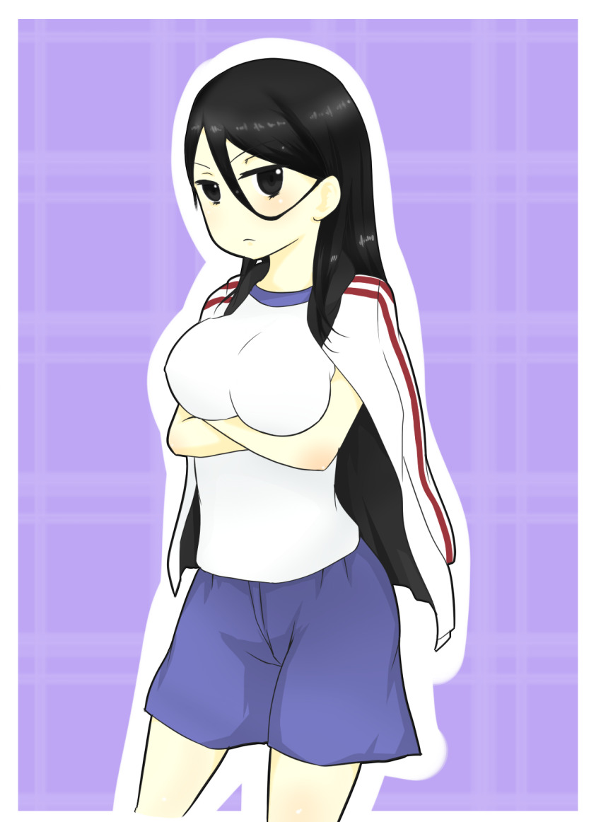 &gt;:( 1girl a_certain_high_school_gym_uniform alternate_eye_color arms_under_breasts bare_arms black_eyes black_hair blue_shorts border breasts closed_mouth commentary cowboy_shot crossed_arms fukiyose_seiri gym_shirt gym_shorts gym_uniform hair_between_eyes highres i.u.y jacket jacket_on_shoulders large_breasts light_blush long_hair long_sleeves looking_at_viewer monochrome_background no_emblem open_clothes open_jacket purple_background shirt short_shorts short_sleeves shorts sidelocks solo standing toaru_majutsu_no_index toaru_majutsu_no_index:_old_testament track_jacket v-shaped_eyebrows white_border white_jacket white_shirt