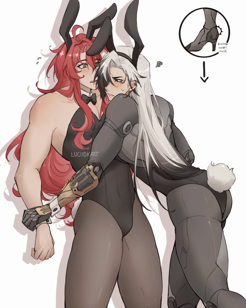 2boys absurdres ahoge animal_ears argenti_(honkai:_star_rail) arrow_(symbol) artist_name ass bare_shoulders black_bow black_bowtie black_eyes black_hair black_hairband black_leotard blush boothill_(honkai:_star_rail) bow bowtie brown_pantyhose bullet_earrings clenched_teeth collarbone commentary covered_navel crossdressing crossed_bangs cyborg detached_collar ear_piercing earrings fake_animal_ears fake_tail flying_sweatdrops gold_earrings green_eyes hair_between_eyes hair_intakes hair_over_one_eye hairband highleg highleg_leotard highres holding_another&#039;s_wrist honkai:_star_rail honkai_(series) jewelry leotard long_hair looking_at_another luciidkatt male_focus male_playboy_bunny mole mole_under_eye multicolored_hair multiple_boys nose_blush one_eye_covered open_mouth pantyhose parted_bangs pectorals piercing playboy_bunny rabbit_boy rabbit_ears rabbit_tail red_hair shadow sharp_teeth simple_background squiggle standing strapless strapless_leotard streaked_hair sweatdrop symbol-only_commentary tail teeth upper_teeth_only v-shaped_eyebrows white_background white_hair wing_collar wrist_cuffs