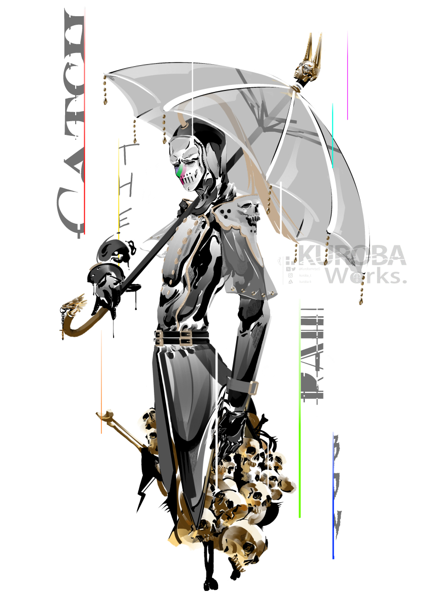 1boy absurdres black_gloves blackmore brown_hair capelet catch_the_rainbow character_name coat commentary commentary_request dirty_deeds_done_dirt_cheap gloves grey_coat high_ponytail highres holding holding_umbrella jojo_no_kimyou_na_bouken kurobameiyos male_focus ponytail rain rainbow_print see-through_capelet see-through_clothes skull solo stand_(jojo) steel_ball_run transparent transparent_umbrella umbrella white_mask