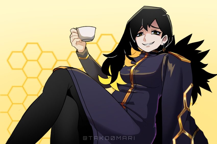 1girl binah_(project_moon) black_coat black_dress black_eyes black_hair black_pantyhose blonde_hair coat colored_inner_hair cup dress earrings full_body fur-trimmed_coat fur_trim grin hexagon_print holding holding_cup jewelry library_of_ruina lobotomy_corporation long_hair long_sleeves looking_at_viewer mole mole_under_eye multicolored_hair pantyhose project_moon simple_background sitting smile solo tako0mari yellow_background