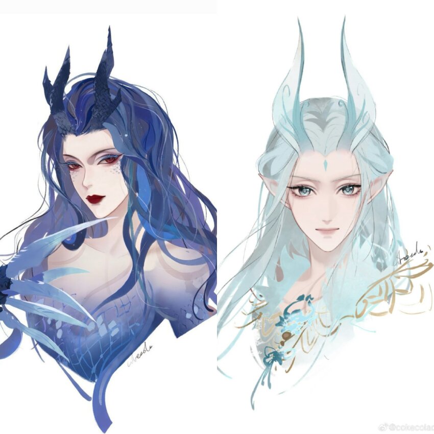 1girl 2girls ao_run_(nezha_zhi_motong_jiangshi) aqua_hair blue_hair dragon_girl dragon_horns highres horns long_hair multiple_girls nezha_zhi_motong_jiangshi promdechsa8252 red_eyes very_long_hair ying_long_(nezha_zhi_motong_jiangshi)