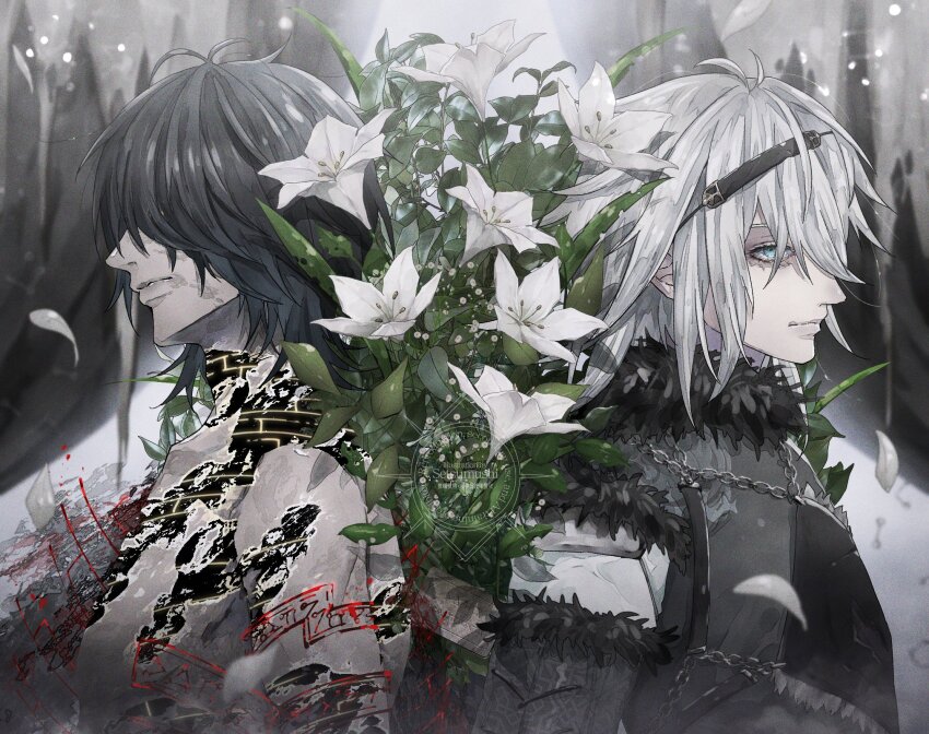 2boys back-to-back black_hair black_jacket blue_eyes body_markings closed_mouth colored_skin falling_petals flower fur-trimmed_jacket fur_trim glowing_markings grey_hair grey_skin hair_between_eyes highres jacket male_focus multiple_boys nier nier_(brother) nier_(series) petals plant setsumushi shadowlord_(nier) watermark white_flower