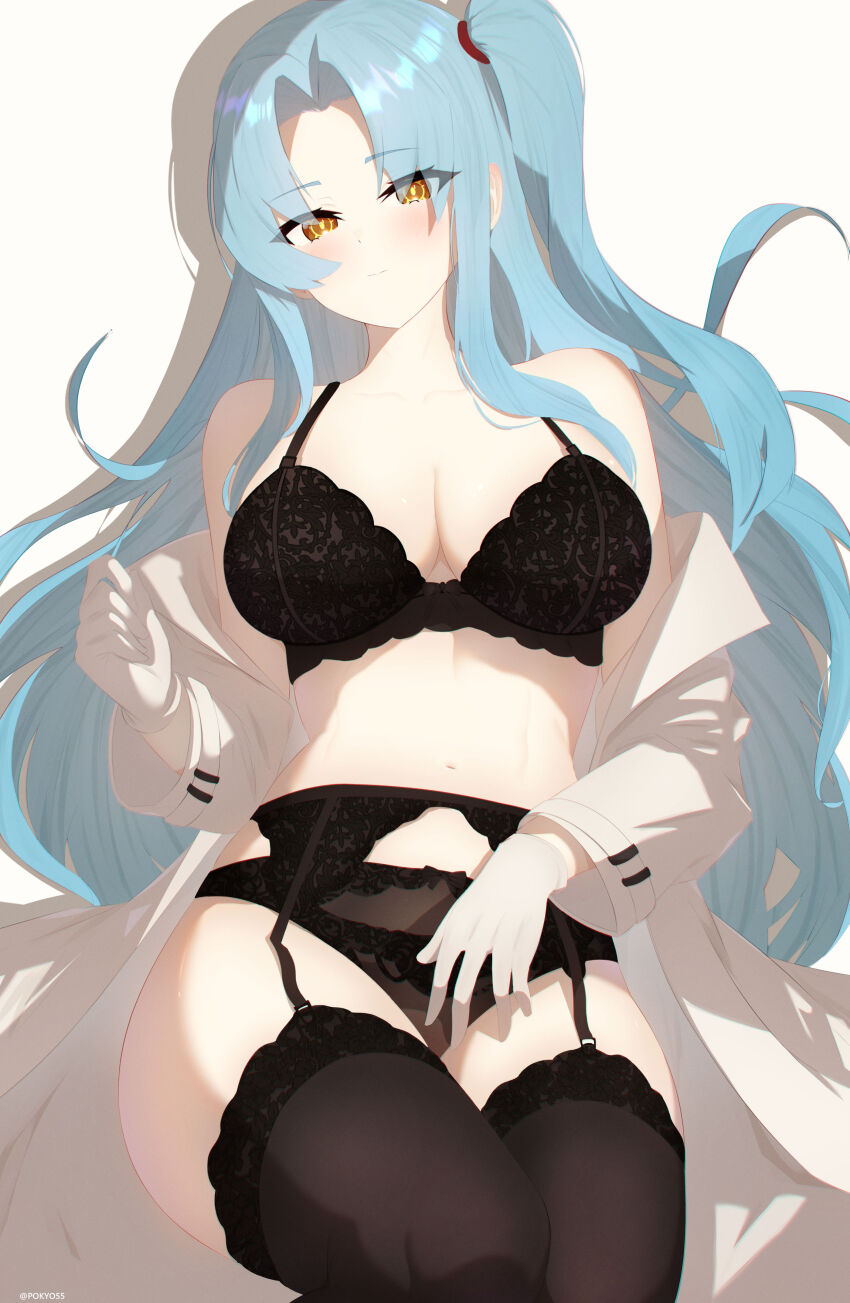 1girl absurdres angela_(project_moon) black_bra black_panties black_thighhighs blue_hair blush bra breasts coat garter_belt garter_straps gloves highres lab_coat lace lace-trimmed_bra lace-trimmed_garter_belt lace-trimmed_panties lace-trimmed_thighhighs lace_trim lobotomy_corporation long_hair long_sleeves looking_at_viewer navel open_clothes open_coat panties parted_bangs pokyo project_moon simple_background smile solo thighhighs underwear very_long_hair white_background white_gloves yellow_eyes