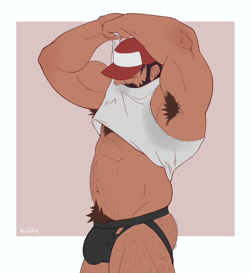 1boy abs absurdres armpit_hair armpits bara baseball_cap beard body_fur coral_island cowboy_shot drawreshi excessive_armpit_hair facial_hair farmer_(coral_island) full_beard hairy hat highres humanization jockstrap large_pectorals male_focus male_underwear mature_male muscular muscular_male mustache navel_hair original pectorals reshi_(drawreshi) short_hair sweaty_clothes thick_beard thick_chest_hair thick_eyebrows thick_mustache thick_navel_hair underwear undressing