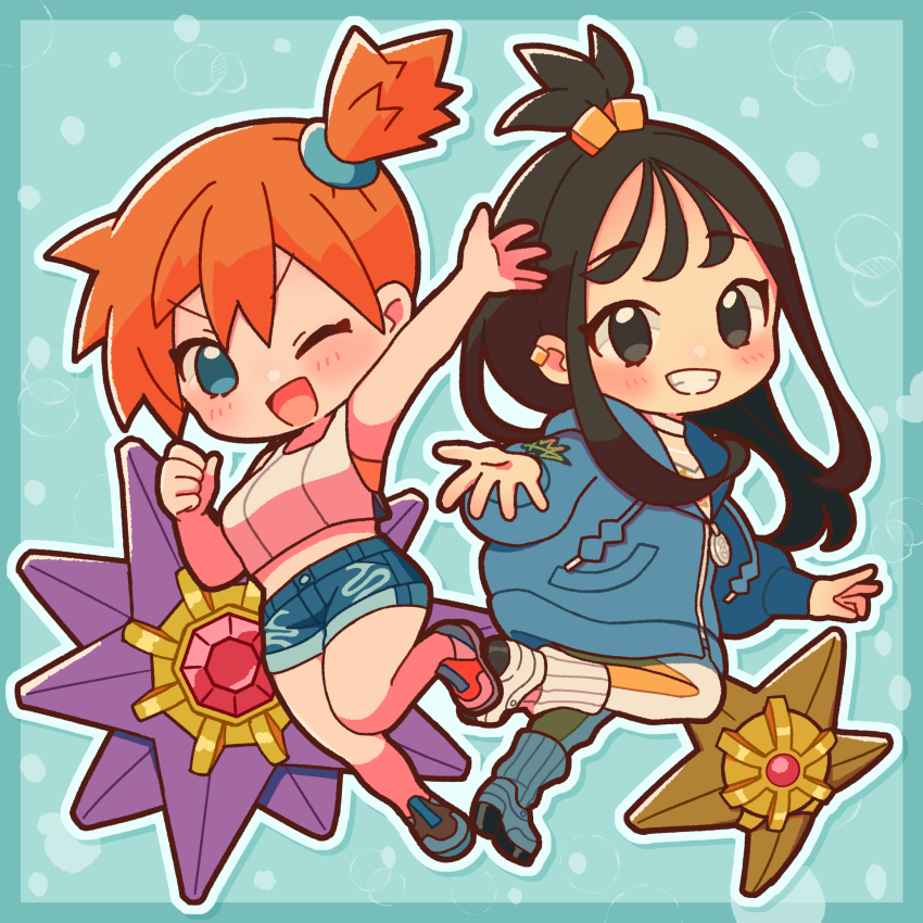 2girls ;d arm_up black_eyes black_hair blue_eyes blue_jacket blue_shorts blush chibi clenched_hand crop_top denim eyelashes gen_1_pokemon grin hair_ornament highres jacket lida_(pokemon) long_hair long_sleeves looking_at_viewer midriff misty_(pokemon) multiple_girls nintendo one_eye_closed one_side_up open_clothes open_jacket open_mouth orange_hair pants pokemon pokemon_(anime) pokemon_(classic_anime) pokemon_(creature) pokemon_legends:_z-a pokemon_lgpe pokemon_rgby ponytail shirt shoes short_hair short_shorts shorts side_ponytail sleeveless sleeveless_shirt smile sneakers starmie staryu teeth topknot white_shirt