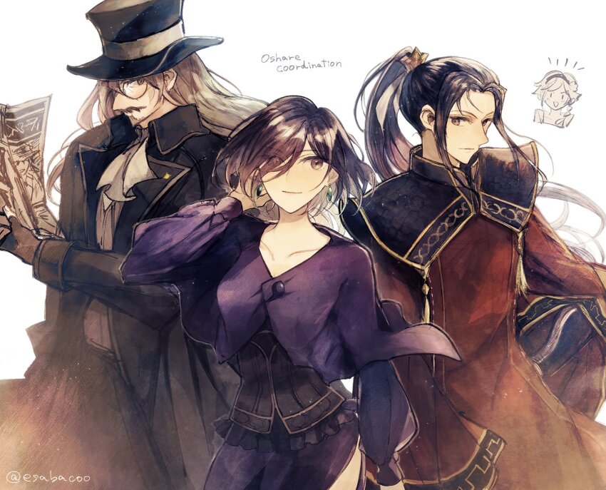 2boys 2girls agnea_bristarni black_hair black_hat brown_gloves brown_hair closed_mouth facial_hair gloves hat high_ponytail highres hikari_ku leaf_(esabacoo) long_hair monocle multiple_boys multiple_girls mustache octopath_traveler octopath_traveler_ii osvald_v._vanstein ponytail simple_background smile throne_anguis top_hat white_background wide_sleeves