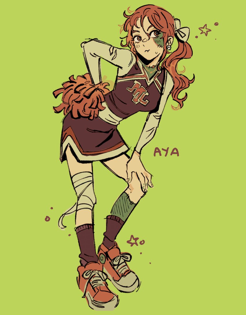 1girl :t bandaged_leg bandages bow breasts brown_eyes brown_hair brown_socks character_name cheerleader closed_mouth colored_skin commentary dress earrings english_commentary flshfish full_body green_background green_skin hair_bow hand_on_own_knee highres holding holding_pom_poms jewelry kininatteru_hito_ga_otoko_ja_nakatta leaning_forward long_hair long_sleeves looking_to_the_side oosawa_aya patchwork_skin pom_pom_(cheerleading) pom_poms ponytail red_shoes shoes skull_earrings sneakers socks solo standing stitched_face stitched_leg stitched_torso stitches torn_clothes wavy_hair zombie zombification