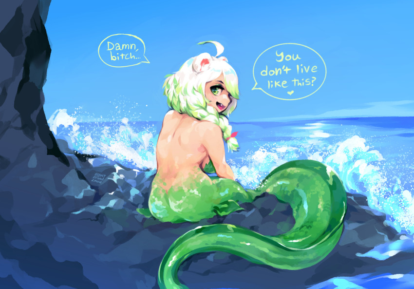 1girl ahoge animal_ears artist_name ass back bare_back bare_shoulders bestfriendforever blue_sky braid breasts clear_sky damn_bitch_you_live_like_this?_(meme) eyeshadow fang ferret ferret_ears ferret_girl fins fish_tail gradient_hair green_eyes green_eyeshadow green_hair green_tail hair_between_eyes heart highres indie_virtual_youtuber laimu_(vtuber) long_hair looking_at_viewer looking_back makeup medium_breasts meme mermaid monster_girl multicolored_hair nude ocean rock signature sky speech_bubble tail two-tone_hair vinesauce virtual_youtuber water waves white_hair