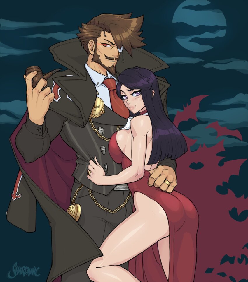 1boy 1girl arm_around_waist ass backless_dress backless_outfit bare_shoulders bat_(animal) beard black_hair blue_eyes breast_press breasts chain choker cloud cloudy_sky coat coat_on_shoulders collared_shirt commentary dress english_commentary facial_hair full_moon glowing glowing_eye guilty_gear hetero highres holding holding_smoking_pipe hug husband_and_wife jewelry large_breasts long_hair looking_at_viewer monocle monocle_chain moon mustache mystical_high_collar necktie night night_sky outdoors pocket_watch red_choker red_dress red_eyes ring shardanic sharon_(guilty_gear) shirt signature sky slayer_(guilty_gear) smoking_pipe strapless strapless_dress striped_clothes striped_vest vampire vest watch