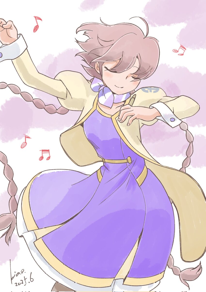 1girl apocalypse_hotel braid closed_eyes dancing dated dress highres jacket kico_factory long_hair musical_note neckerchief puffy_sleeves purple_dress signature solo twin_braids yachiyo_(apocalypse_hotel) yellow_jacket