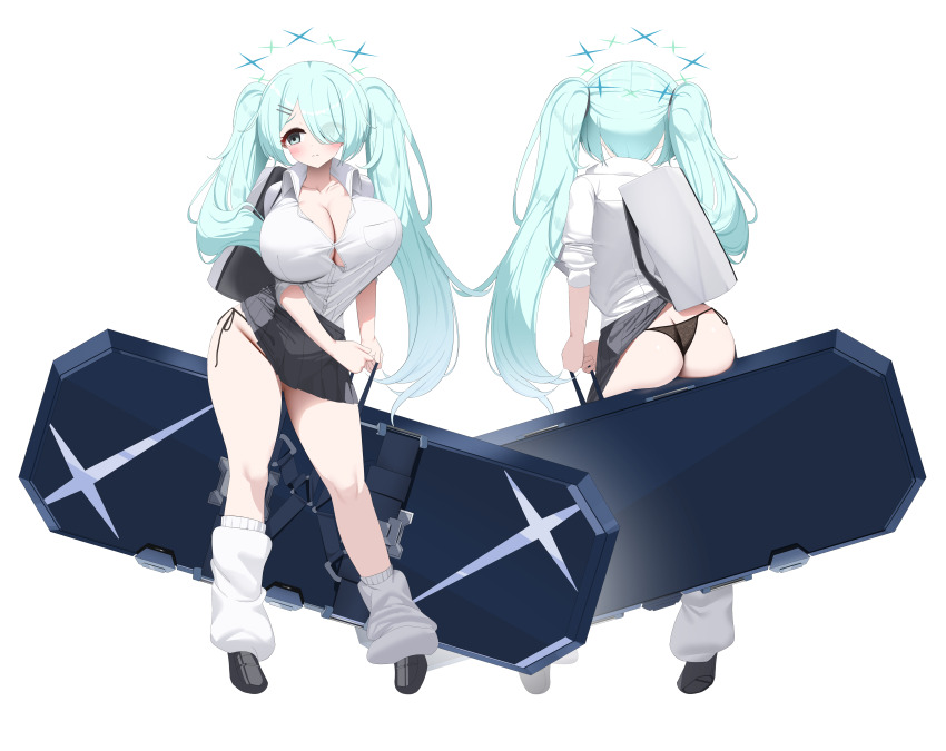 1girl absurdres accidental_exposure aqua_eyes aqua_hair ass black_footwear black_panties blue_archive blush breasts breasts cleavage closed_mouth clothes_lift commentary_request curvy eyes_visible_through_hair from_behind full_body hair_ornament hair_over_one_eye hairclip halo highres hiyori_(blue_archive) holding huge_breasts large_breasts leaning_to_the_side long_hair long_sleeves loose_socks miniskirt multiple_views narrow_waist nicorima no_bra panties pleated_skirt shirt shy side-tie_panties simple_background skirt skirt_caught_on_object skirt_lift socks thick_thighs thighs tight_clothes tilted_head twintails undersized_clothes underwear white_background white_shirt white_socks
