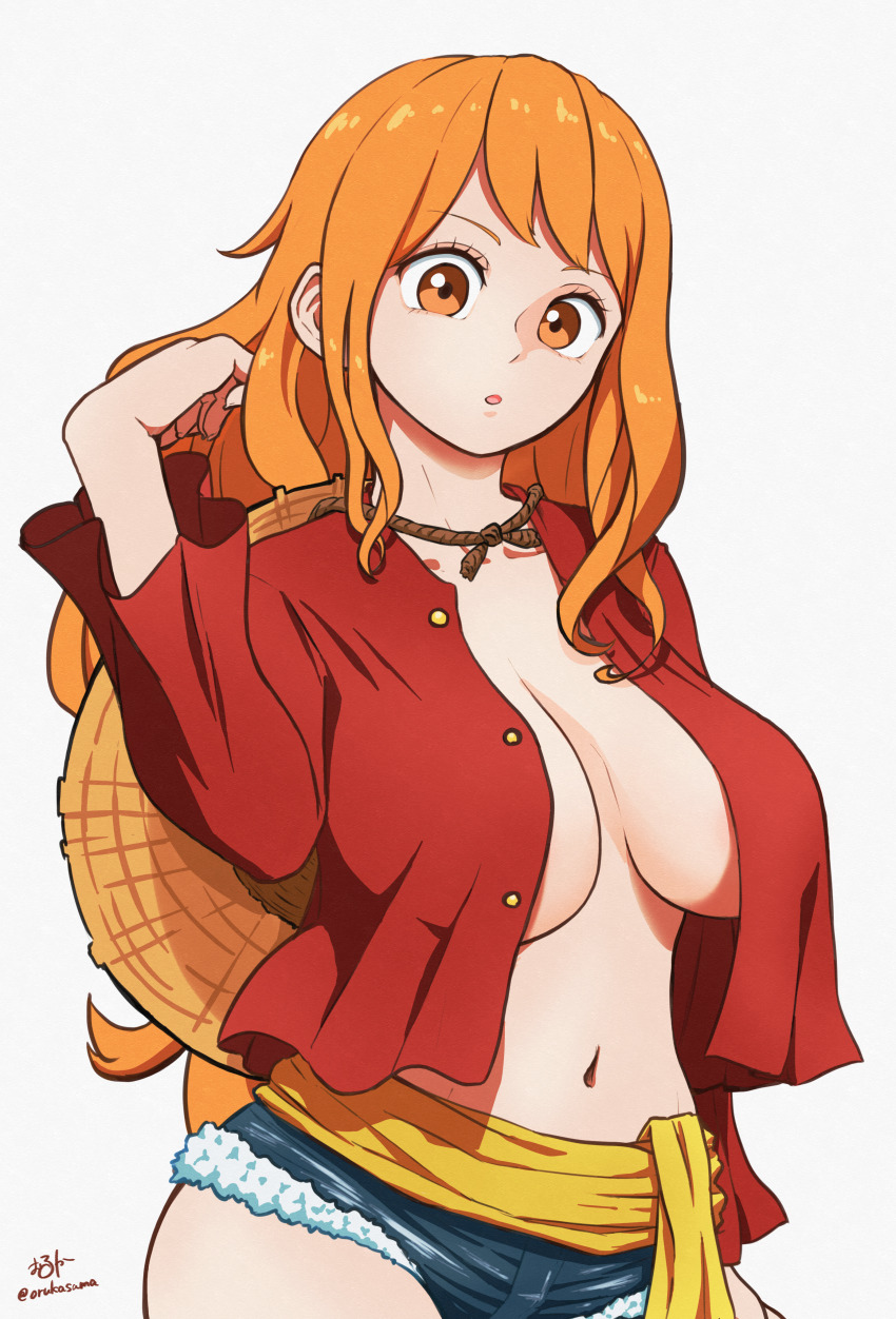 1girl absurdres artist_name blue_shorts breasts commentary_request contrapposto cosplay cowboy_shot cutoffs denim denim_shorts grey_background hand_in_own_hair hat hat_on_back highres large_breasts long_hair long_sleeves monkey_d._luffy monkey_d._luffy_(cosplay) nami_(one_piece) navel no_bra one_piece open_clothes open_shirt orange_eyes orange_hair paid_reward_available parted_lips red_shirt sash shirt short_shorts shorts signature simple_background solo straw_hat twitter_username wolkat yellow_sash