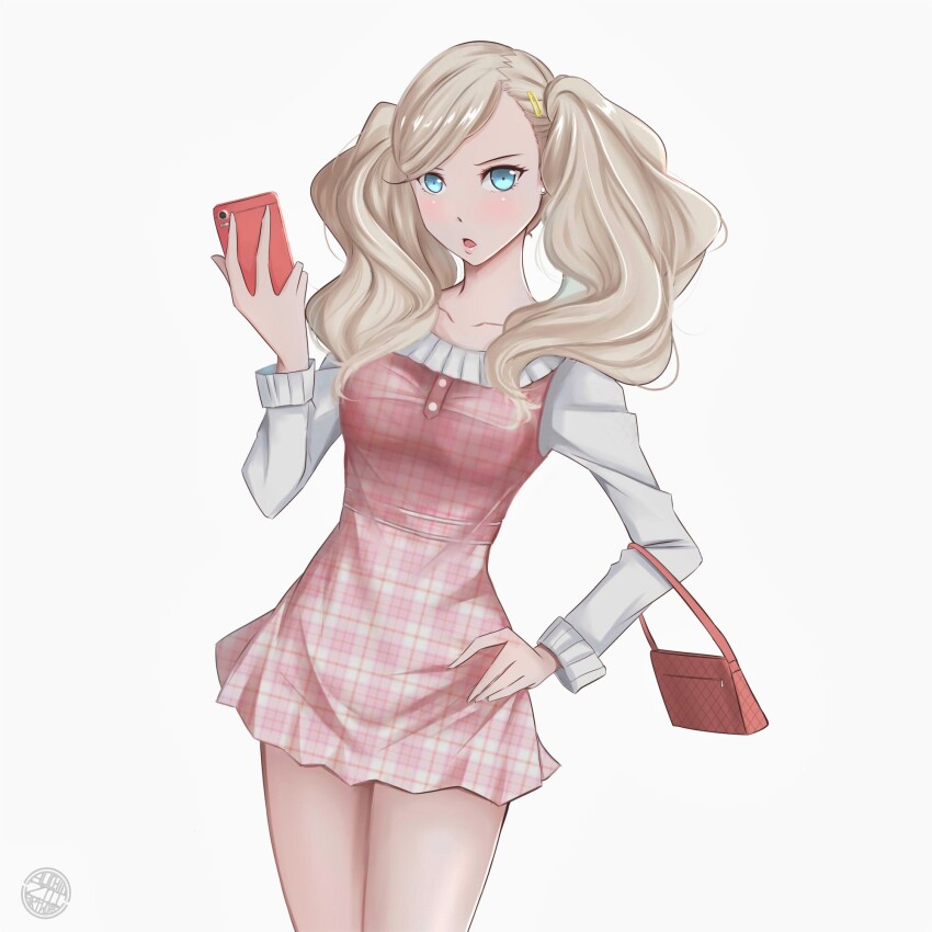 1girl alichii alternate_costume bag blonde_hair blue_eyes breasts casual collarbone dress earrings hair_ornament hairclip hand_on_own_hip hand_up handbag highres holding holding_phone jewelry long_sleeves looking_at_viewer medium_breasts open_mouth persona persona_5 phone pink_dress plaid_clothes plaid_dress simple_background solo takamaki_anne white_background