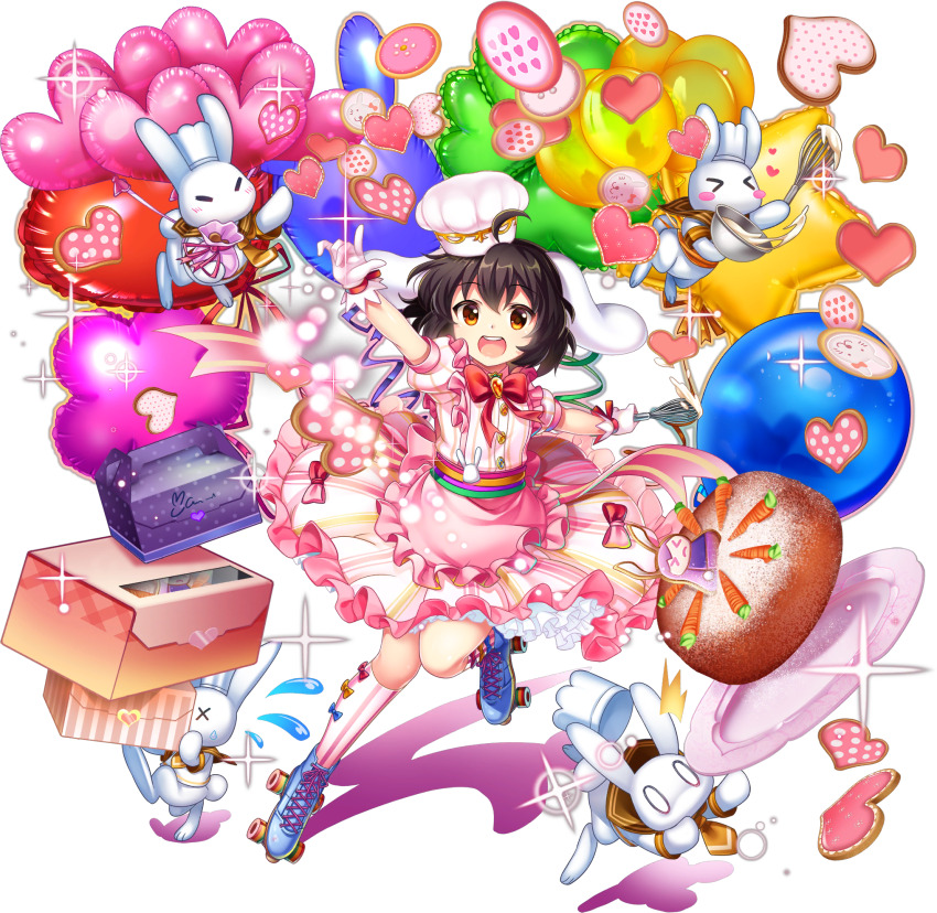&gt;_&lt; 0_0 1girl :d ahoge alternate_costume animal animal_ears apron back_bow balloon balloon_flower blue_shoes blush blush_stickers bow bow_legwear bowtie box brown_hair buck_teeth buttons cake candy carrot carrot_cake carrot_necklace character-themed_food chef chef_hat clenched_teeth confetti cookie cooking crumbs dress floppy_ears flying_sweatdrops food frilled_apron frilled_dress frilled_sleeves frills full_body game_cg gem gift gift_box gingerbread_cookie gloves hair_between_eyes hair_ornament hat heart heart-shaped_cookie heart-shaped_food heart_balloon highres holding holding_box holding_whisk inaba_mob_(touhou) inaba_tewi inaba_tewi_(happy_patissiere) jewelry kneehighs magical_girl medium_hair necklace necktie official_art open_mouth orange_eyes patterned_clothing pink_apron pink_bow pink_dress pink_ribbon plate polka_dot puffy_short_sleeves puffy_sleeves rabbit rabbit_ears rabbit_girl rainbow_order red_bow red_bowtie reisen_udongein_inaba ribbon ribbon-trimmed_apron ribbon-trimmed_dress ribbon-trimmed_skirt ribbon_trim roller_skates rotte_(1109) sailor_collar shirt shoes short_sleeves signature skates smile socks solo sparkle star_balloon striped_bow striped_clothes striped_dress striped_socks stuffed_animal stuffed_rabbit stuffed_toy sweatdrop tail teeth third-party_source too_many_balloons touhou touhou_lostword transparent_background tripping upper_teeth_only vertical-striped_bow vertical-striped_clothes vertical-striped_dress vertical-striped_socks waist_apron whisk white_gloves white_hat white_shirt x_x yellow_necktie yellow_sailor_collar