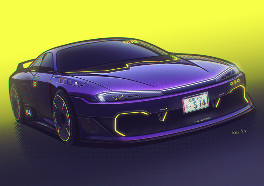 artist_name car hologram kai55 license_plate motor_vehicle nissan nissan_silvia nissan_silvia_s14 no_humans original purple_car redesign science_fiction shadow spoiler_(automobile) sports_car vehicle_focus yellow_background