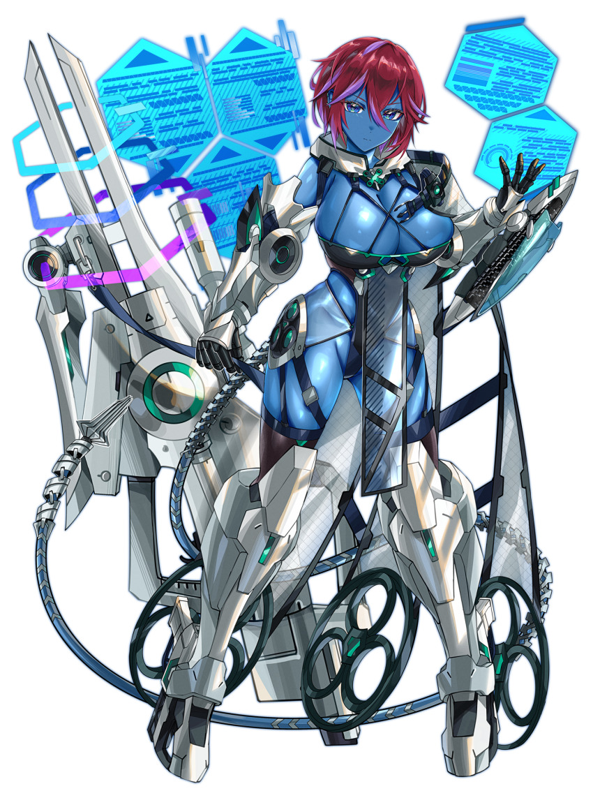 1girl aiz_gunafari black_gloves blue_eyes blue_skin breasts cleavage colored_skin dairoku_ryouhei earclip full_body gauntlets gloves highres holding holding_weapon holographic_interface large_breasts looking_at_viewer magatatara mechanical_legs mechanical_tail multicolored_hair purple_hair red_hair short_hair solo streaked_hair tail transparent_background weapon