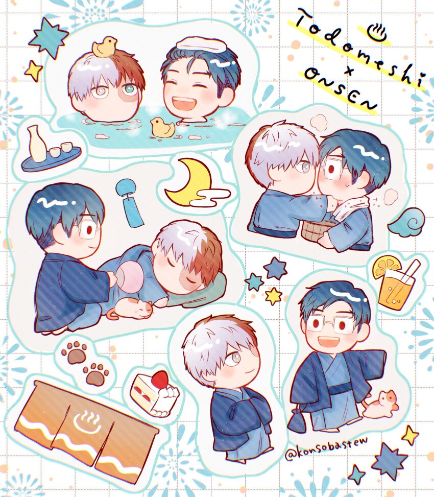 2boys absurdres alcohol blue_hair blue_kimono boku_no_hero_academia bucket cake cake_slice calico_cat cat chibi chibi_only crescent_moon food hand_fan hands_in_opposite_sleeves heterochromia highres holding holding_bucket iida_tenya japanese_clothes juice kimono kiss konsobastew long_sleeves male_focus moon multicolored_hair multiple_boys onsen open_mouth orange_juice paw_print red_eyes red_hair rubber_duck sake scar scar_on_face short_hair smile split-color_hair todoroki_shoto towel towel_around_neck towel_on_head white_hair wind_chime yaoi