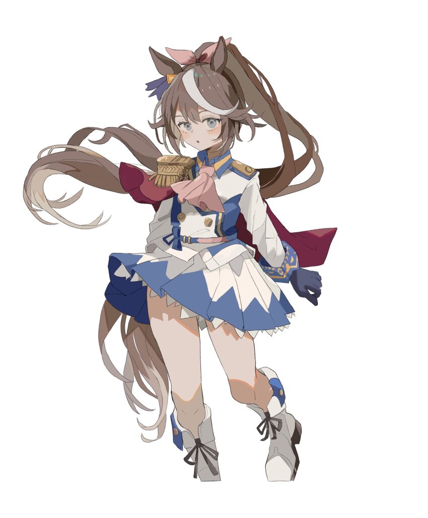 1girl :o animal_ears ascot asymmetrical_gloves black_gloves blue_eyes blush boots bow brown_hair cape ear_bow ear_ornament epaulettes gloves hair_between_eyes hair_bow high_ponytail highres horse_ears horse_girl horse_tail long_hair long_sleeves looking_at_viewer mismatched_gloves multicolored_hair open_mouth pink_ascot pink_bow ponytail red_cape simple_background single_epaulette solo standing streaked_hair tail tokai_teio_(umamusume) two-tone_hair two-tone_shirt two-tone_skirt umamusume umi_owl white_background white_boots