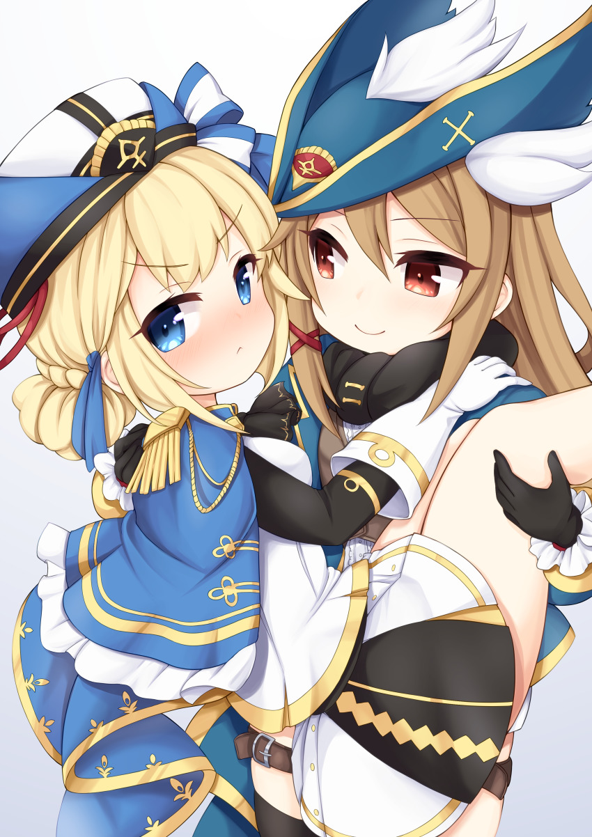 2girls absurdres azur_lane black_gloves black_scarf black_sleeves blonde_hair blue_cape blue_eyes blue_headwear blue_jacket blush cape carrying coat epaulettes gloves hair_ornament hardy_(azur_lane) highres hunter_(azur_lane) jacket kinomiki_nobori leg_strap light_brown_hair looking_at_another looking_at_viewer multiple_girls princess_carry red_eyes scarf shirt skirt smile thigh_strap thighs trench_coat white_gloves white_shirt winged_hat