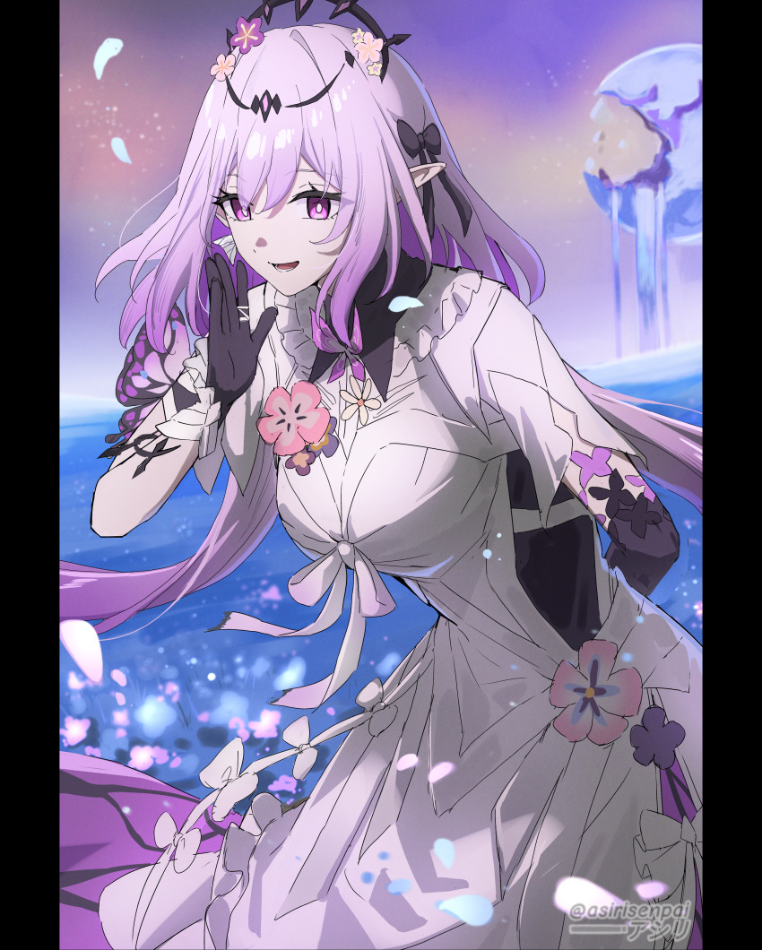 1girl absurdres adapted_costume arm_behind_back asiri_senpai asymmetrical_gloves black_border black_tiara border bow breasts butterfly_earrings castorice_(honkai:_star_rail) commentary dress earrings elbow_gloves flower gloves hair_bow hair_flower hair_ornament hand_up highres honkai:_star_rail honkai_(series) jewelry leaning_forward long_dress long_hair looking_at_viewer medium_breasts open_mouth pillarboxed pink_flower purple_bow purple_eyes purple_flower purple_gloves purple_hair sidelocks single_elbow_glove smile solo tiara twitter_username uneven_gloves very_long_hair white_dress